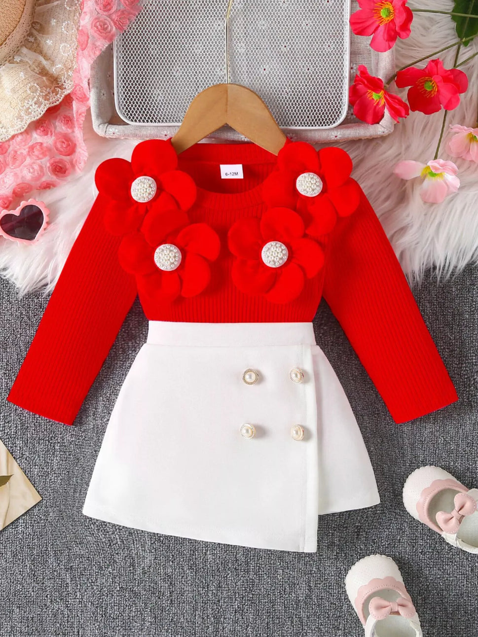 Children's Floral Applique Ribbed Top & Button Decor Skirt Set
