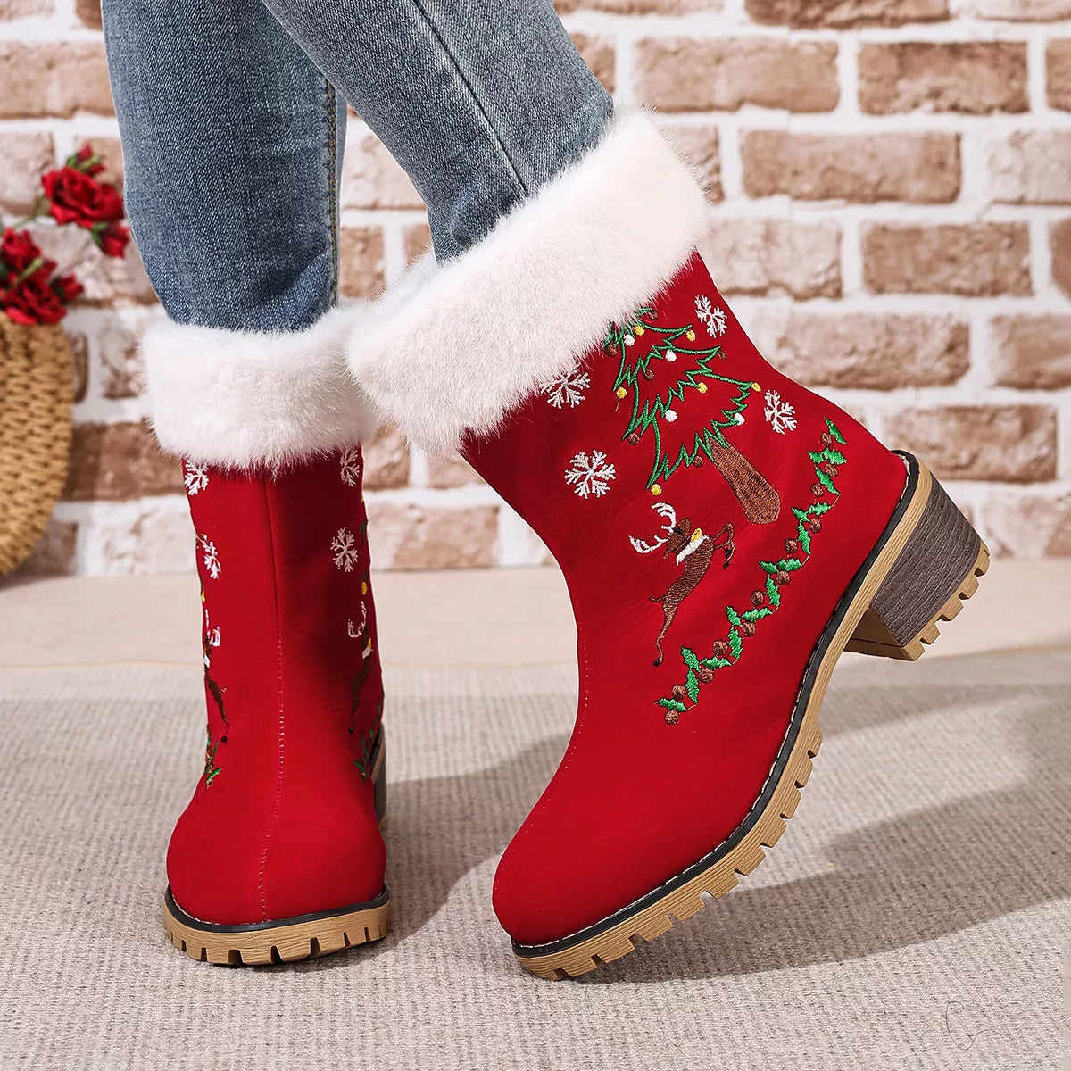 Christmas Embroidered Block Heel Ankle Boots