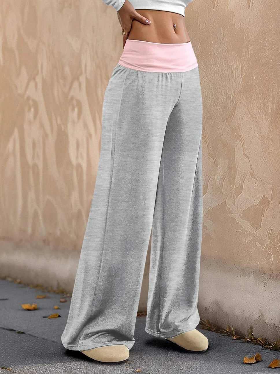 Contrast Waistband Wide Leg Pants