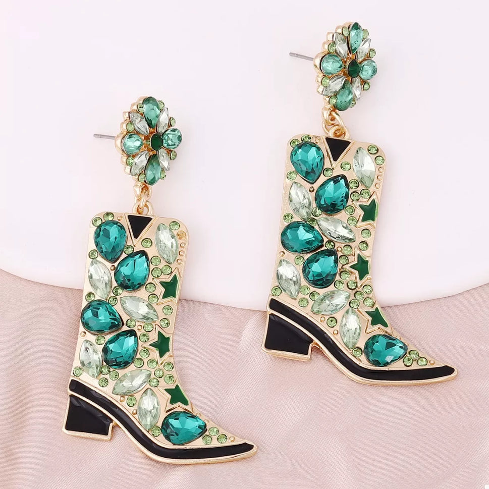 Western Boot Dangle Earrings with Rhinestones