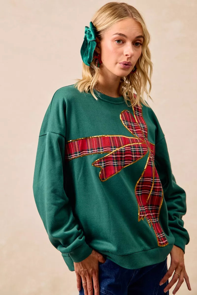 BiBi Plaid Ribbon Bow Detail Christmas Fleece Pullover