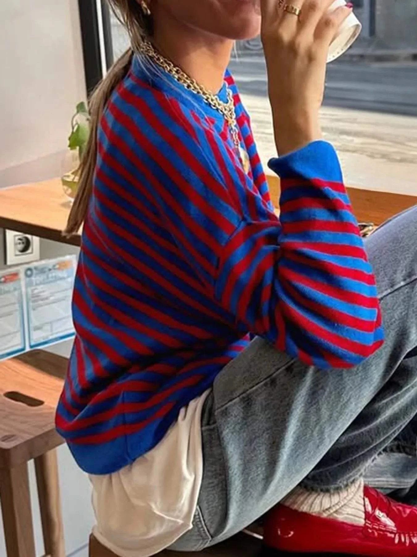 Striped Round Neck Long Sleeve Sweater