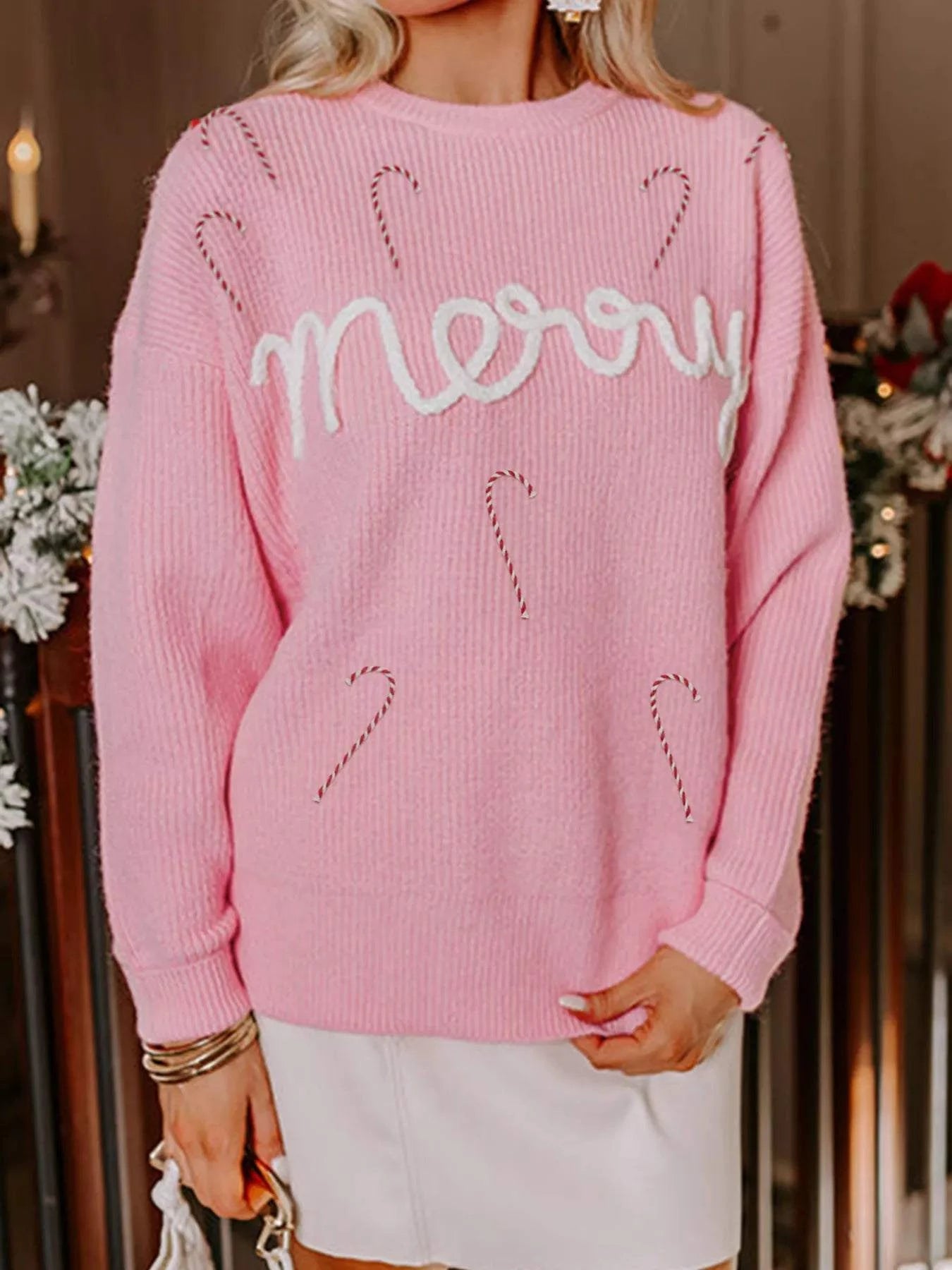 Merry Candy Cane Christmas Crew Neck Sweater
