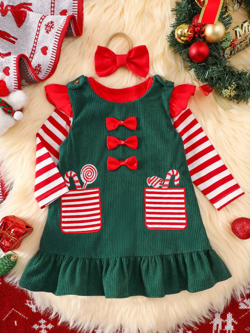 Children's Christmas Striped Bodysuit and Dress Set with Headband
