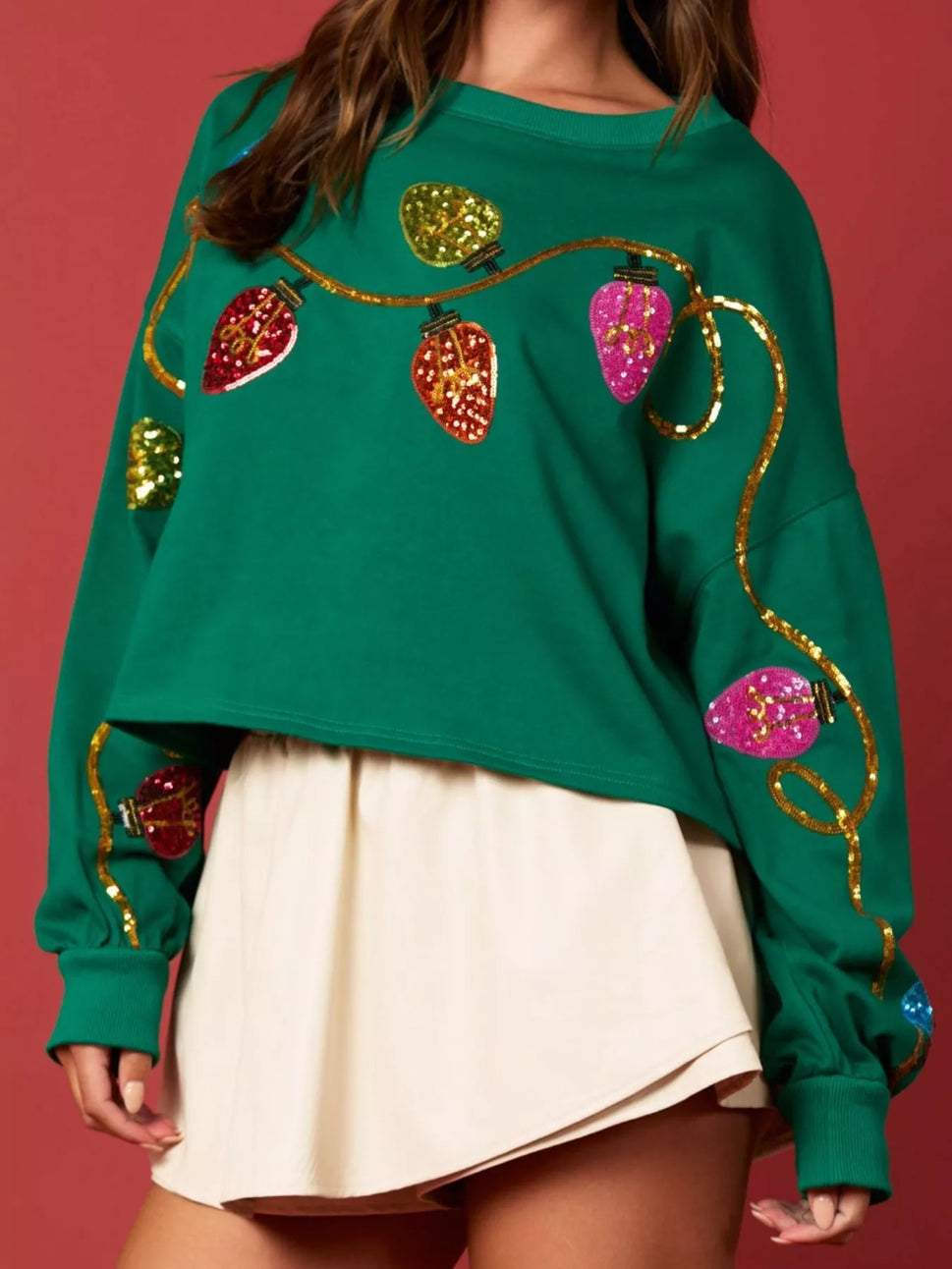 Christmas Holiday Lights Sequin Embellished Sweatshirt