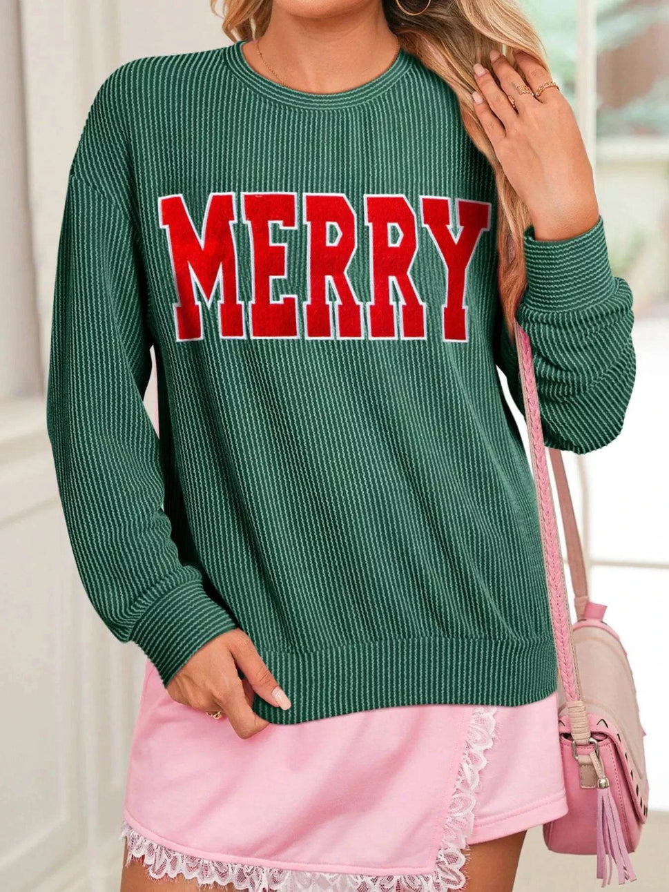 Merry Twisted Rib Christmas Loose Long Sleeve Top