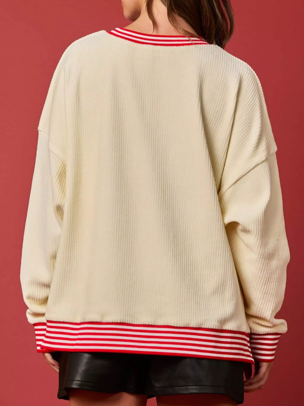 Christmas Sequin Candy Cane and Santa Sweatshirt with Striped Hem