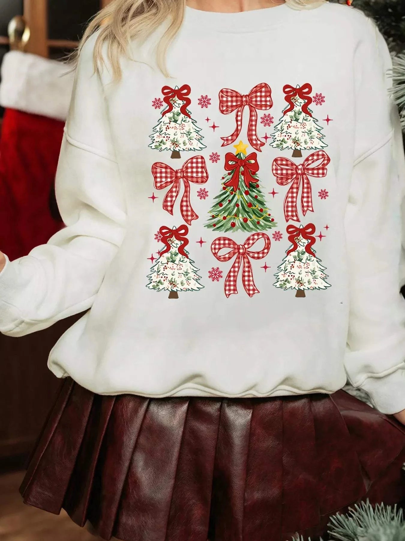 Christmas Tree Ribbon Bow Printed Drop Shoulder Sweatshirt