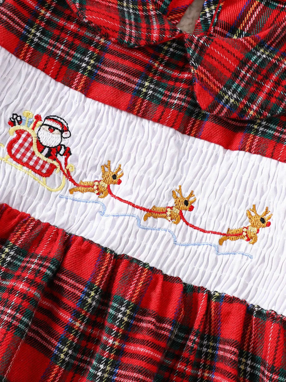 Children's Christmas Plaid Embroidered Smocked Dress