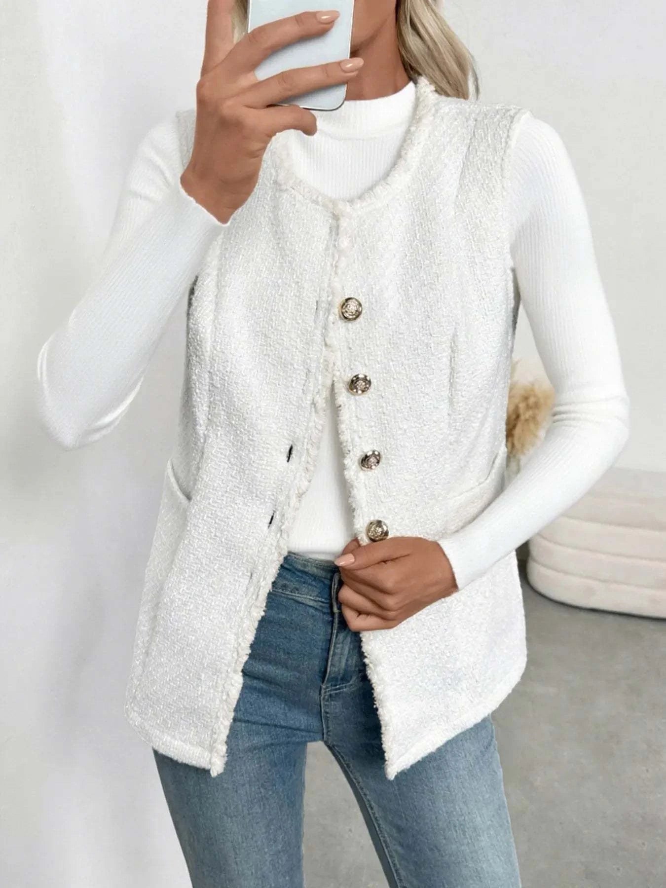 Textured Button-Front Vest with Raw Edge