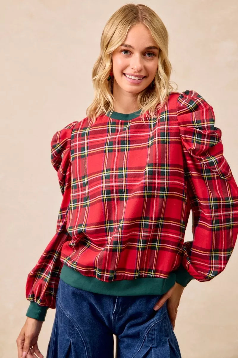 BiBi Christmas Plaid Exaggerated Shoulder Sleeves Top