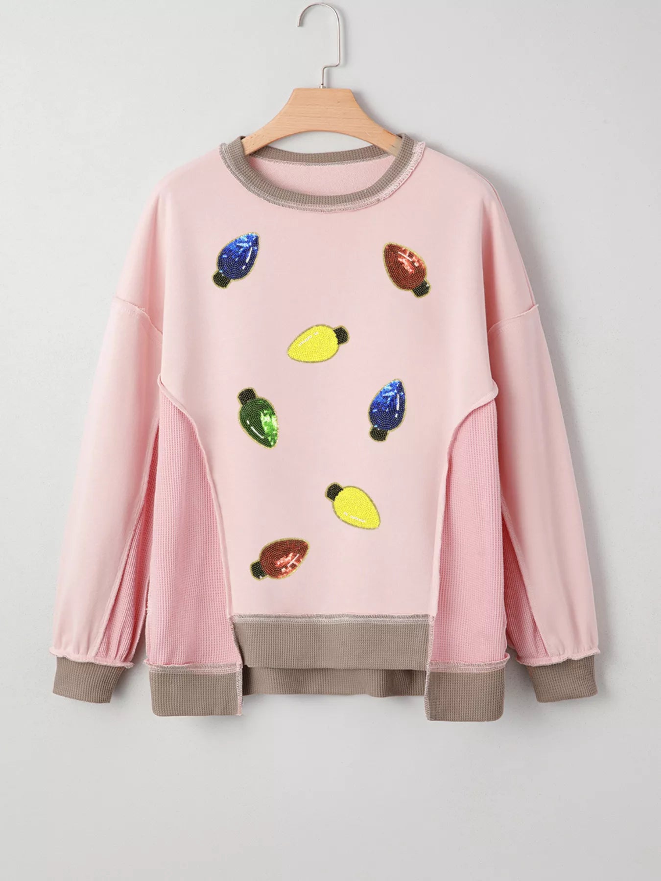 Waffle Color Block Patchwork Sequin Christmas Light Bulb Loose Sweatshirt