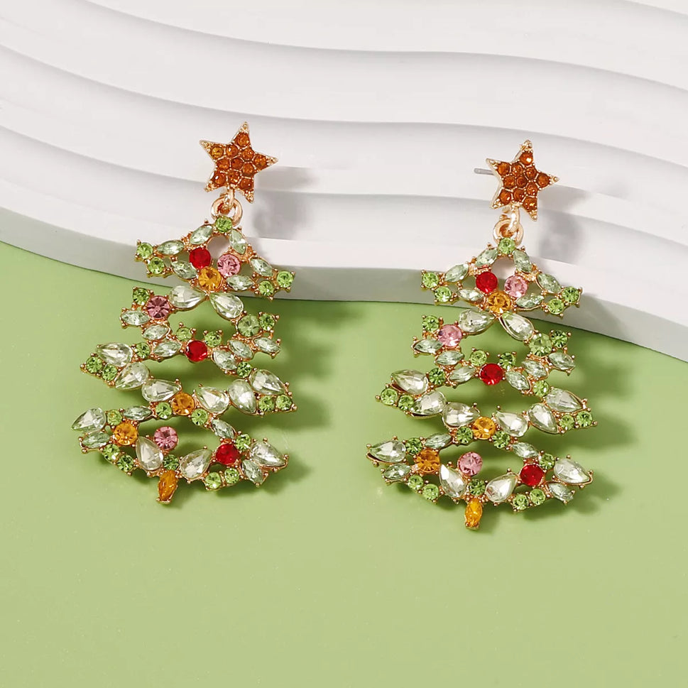 Christmas Tree Earrings with Rhinestones