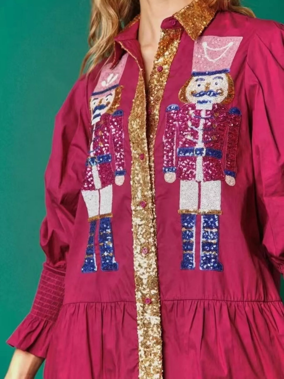 Full Size Christmas Sequin Nutcracker Tiered Shirt Dress Plus Size