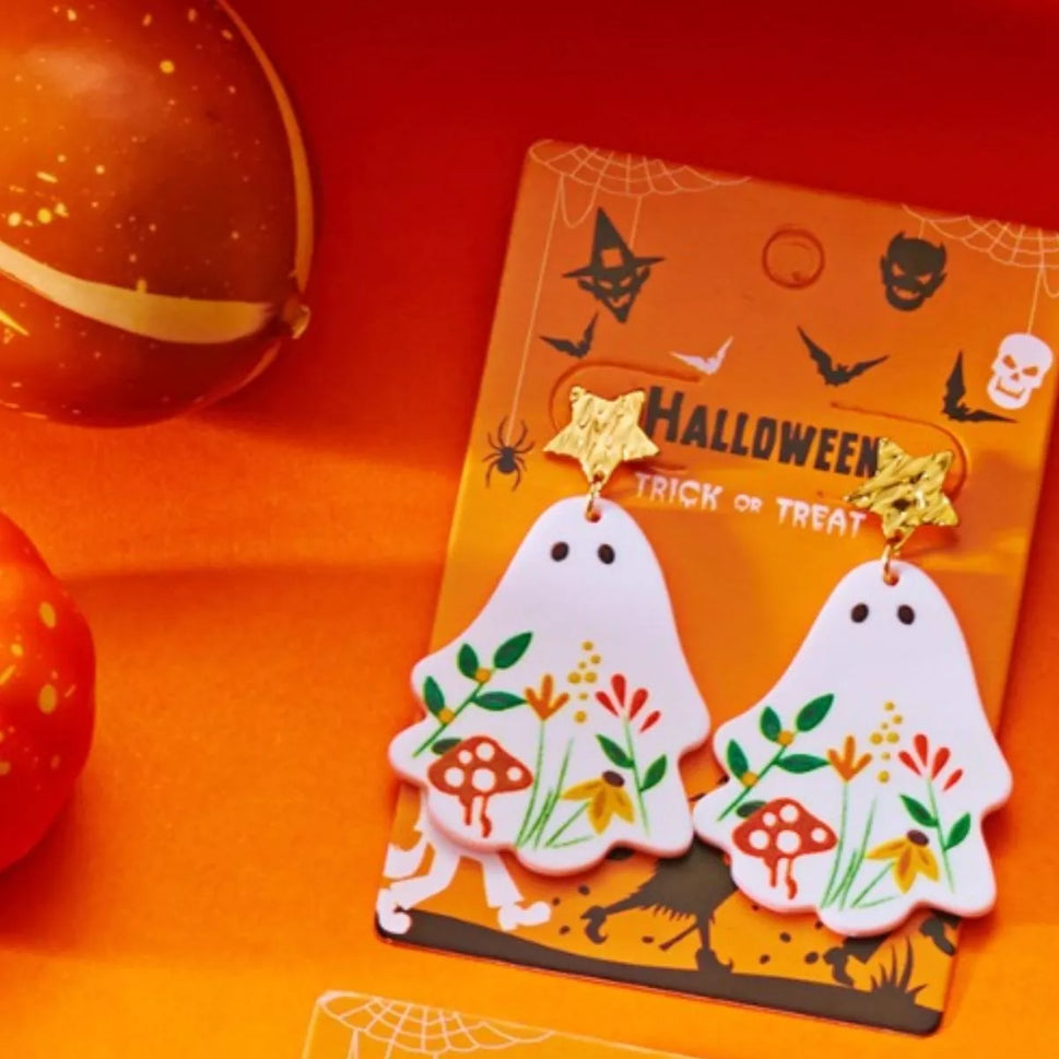 Whimsical Ghost Earrings with Floral Design