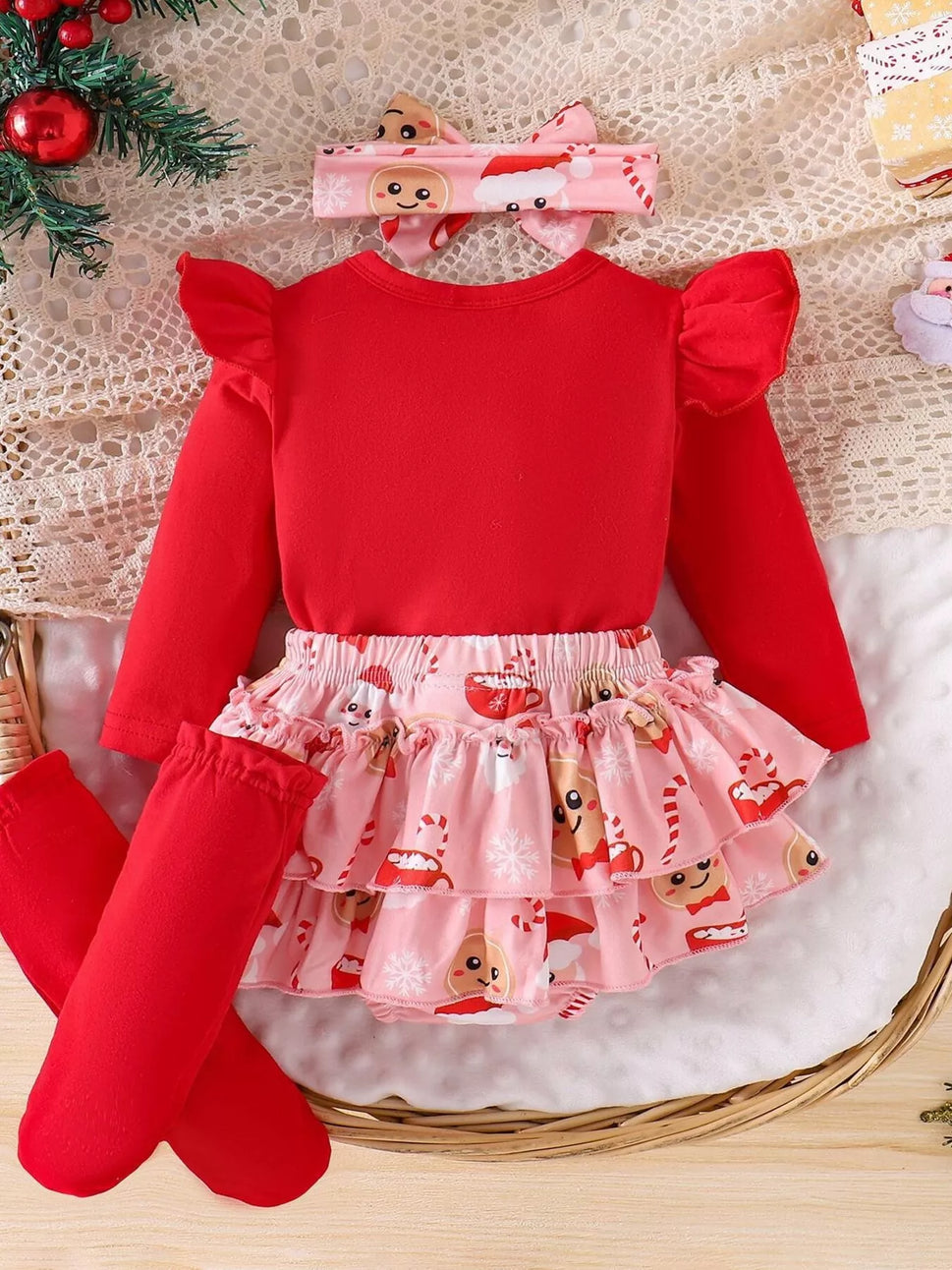 Children's Christmas Ruffled Long Sleeve Top and Skirt Set with Headband