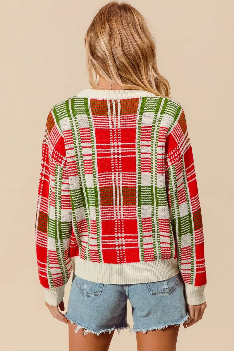 SO ME Christmas Color Checkered Plaid Crew Neck Sweater