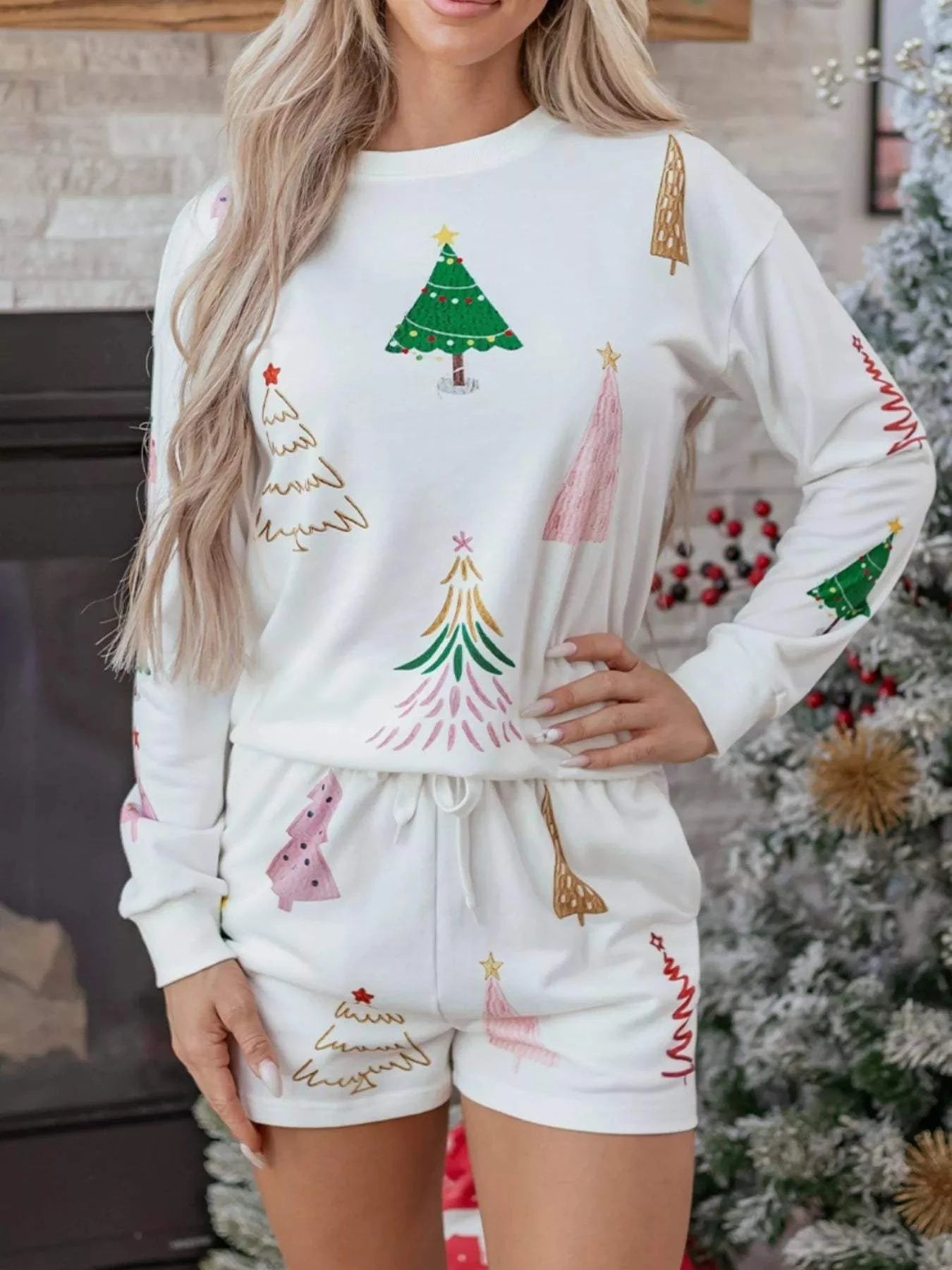 Christmas Tree Round Neck Top and Shorts Set