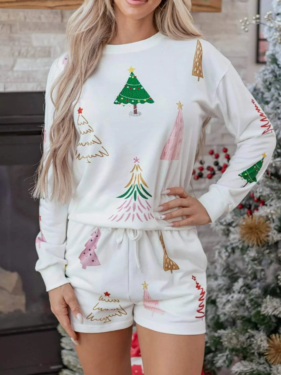 Christmas Tree Round Neck Top and Shorts Set