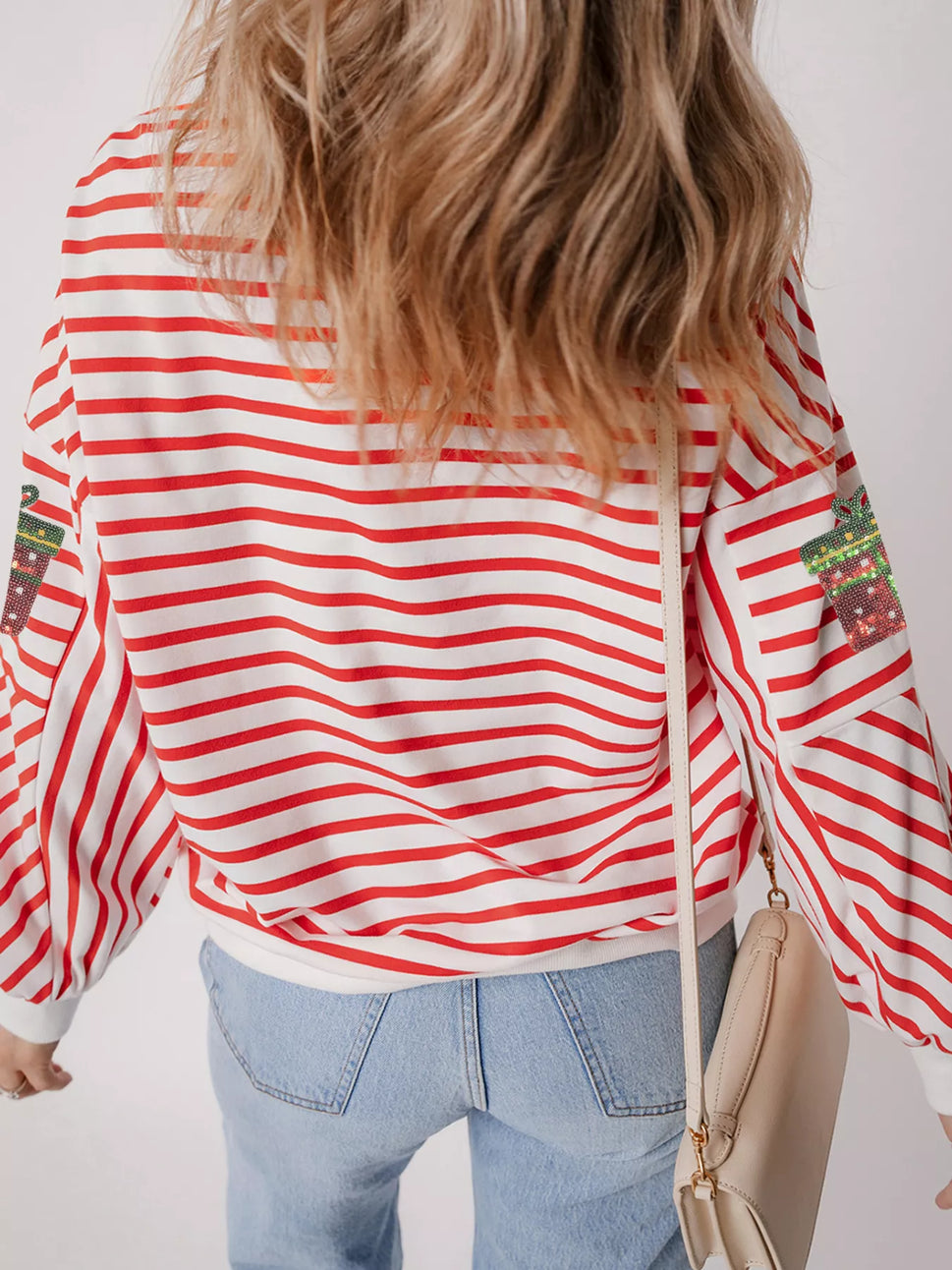Stripe Sequin Christmas Gift Patched Drop Shoulder Sweatshirt