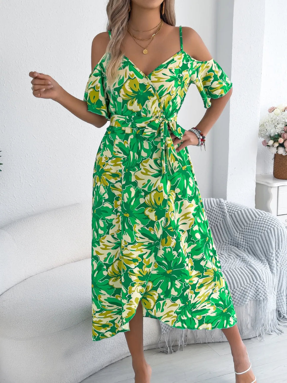 Printed Cold Shoulder Midi Cami Dress