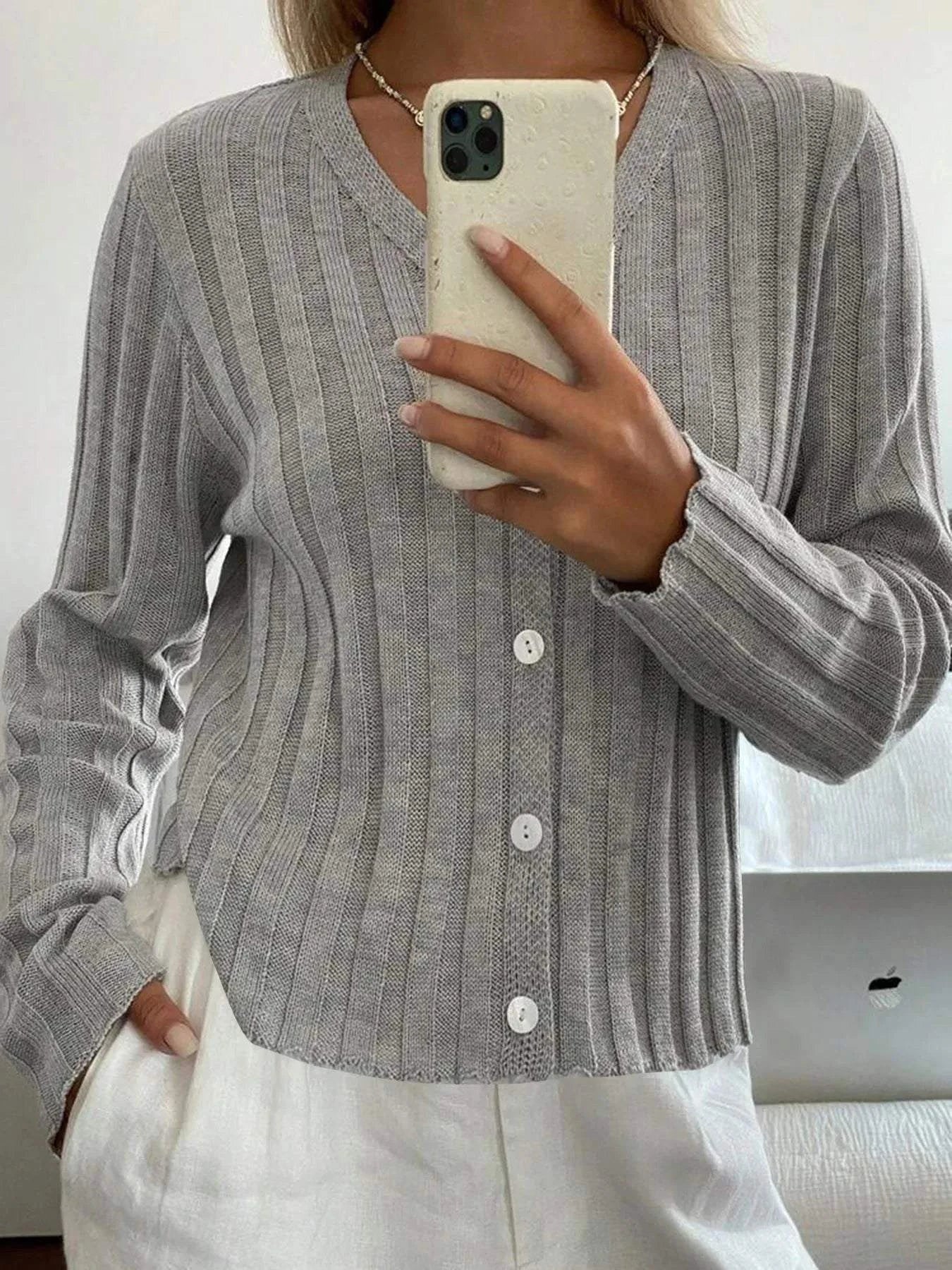 Ribbed Button-Up V-Neck Cardigan