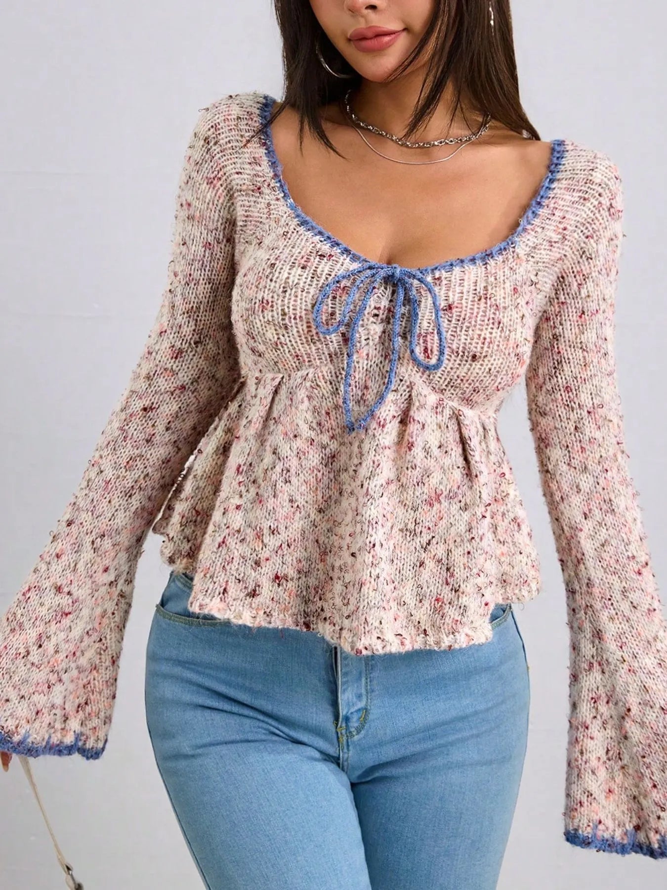 Tie Front Flare Sleeve Sweater