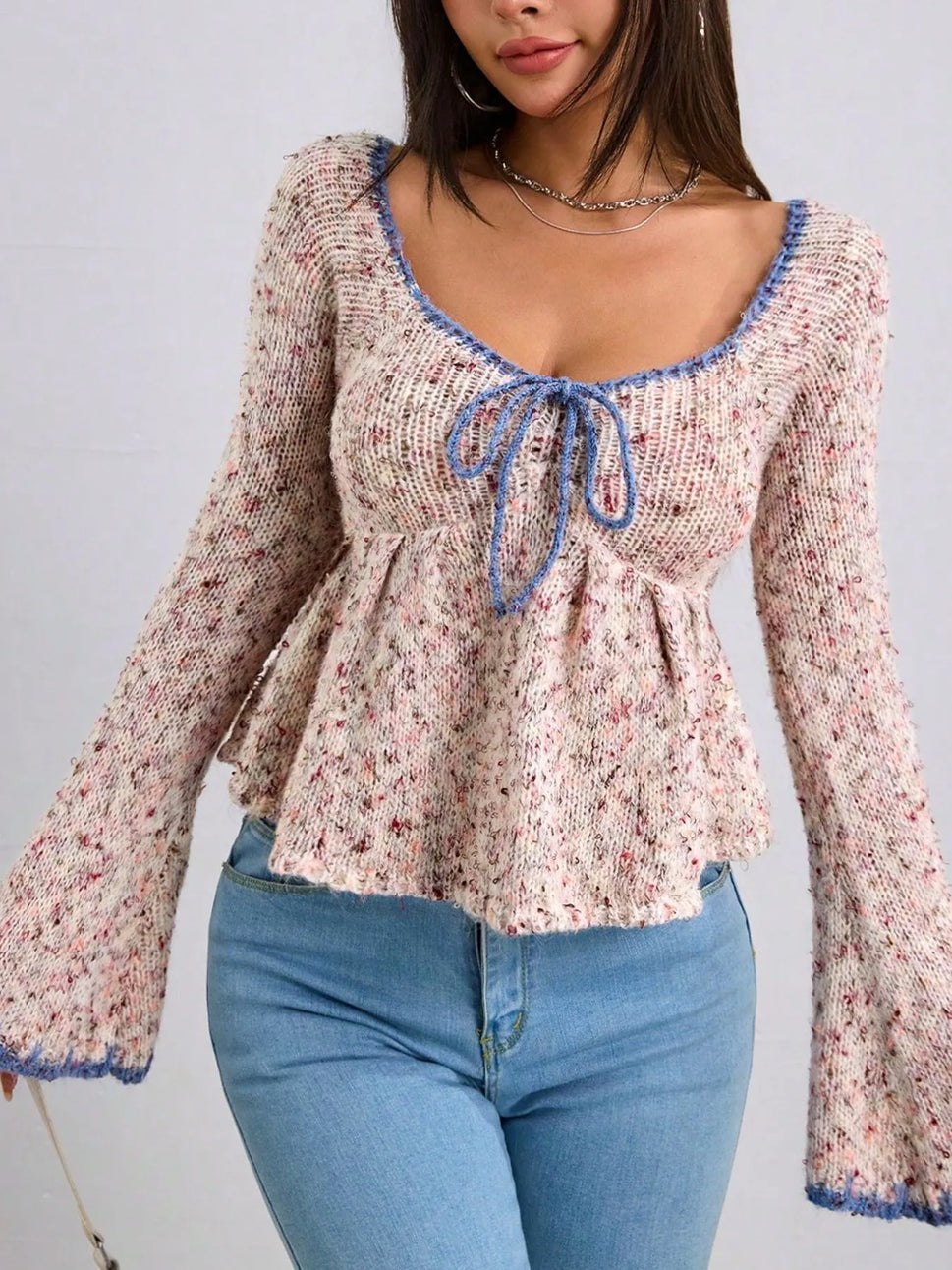 Tie Front Flare Sleeve Sweater