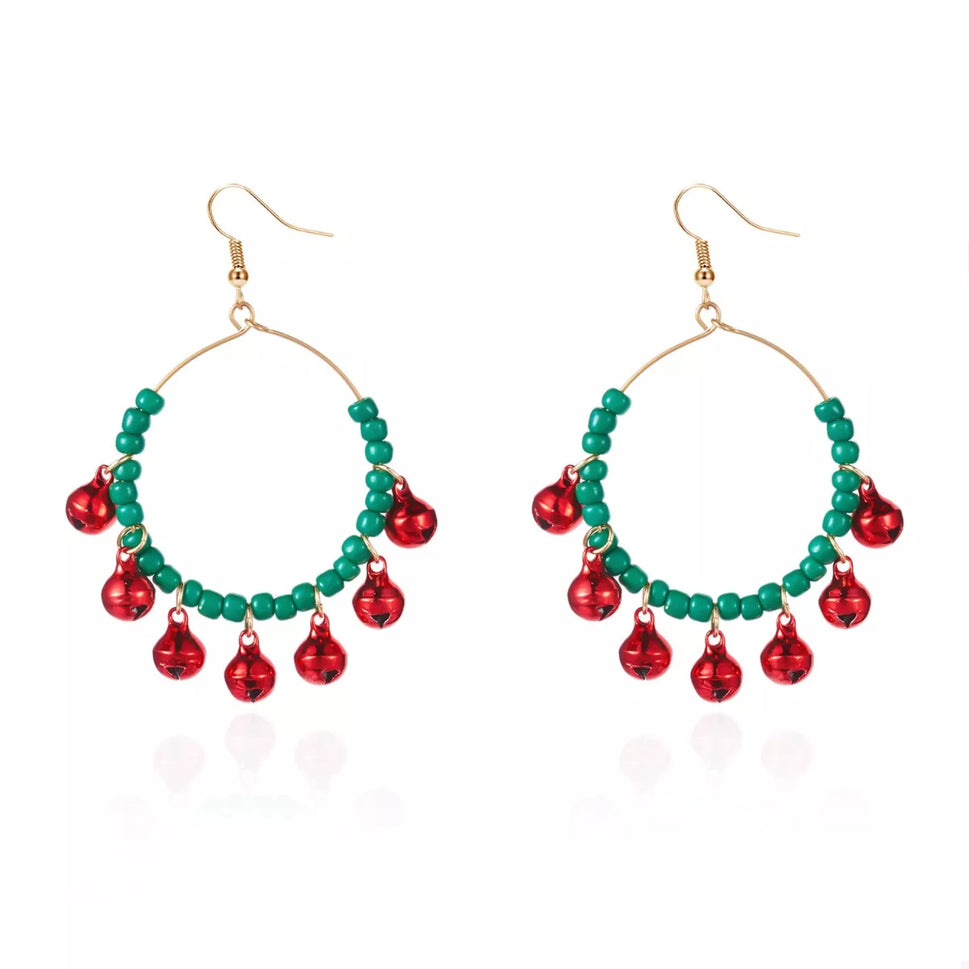 Christmas Beaded Hoop Earrings with Jingle Bells
