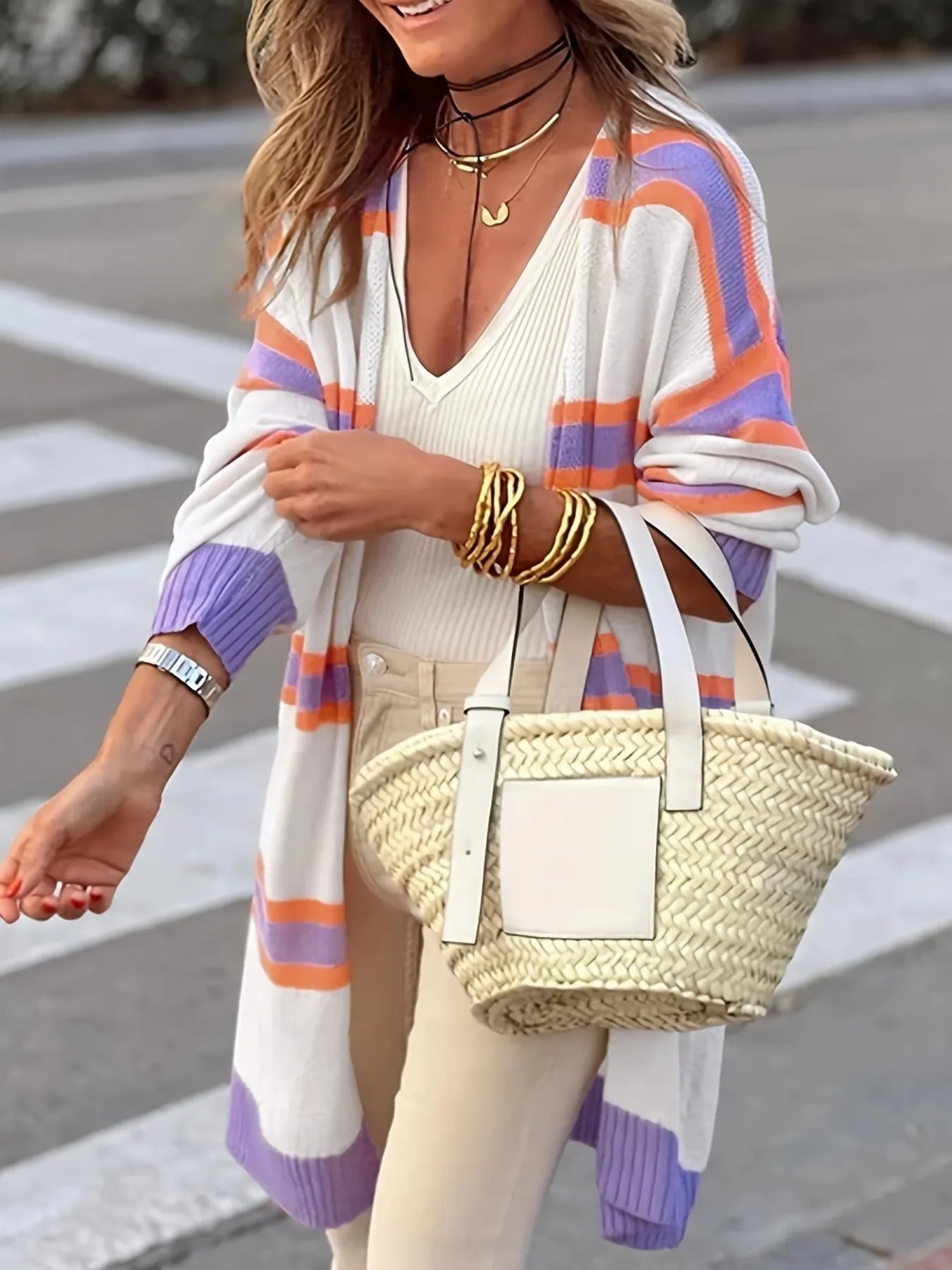 Striped Open Front Longline Cardigan