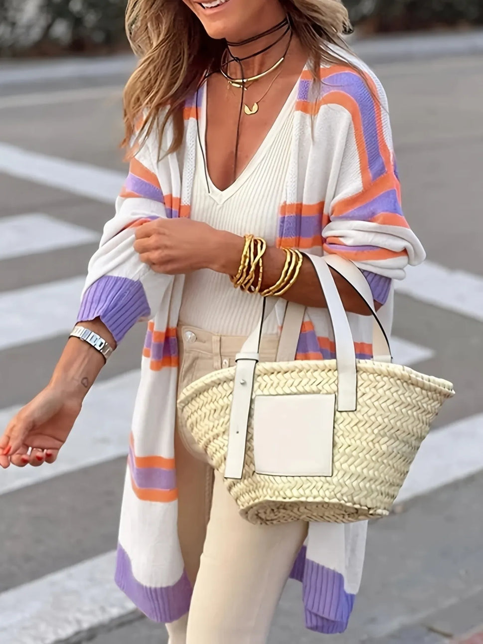 Striped Open Front Longline Cardigan
