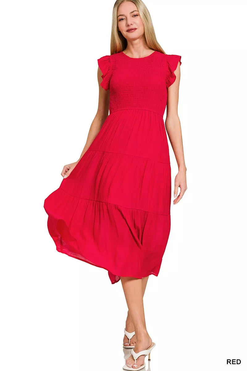 Zenana Woven Smocked Ruffle Sleeve Midi Dress