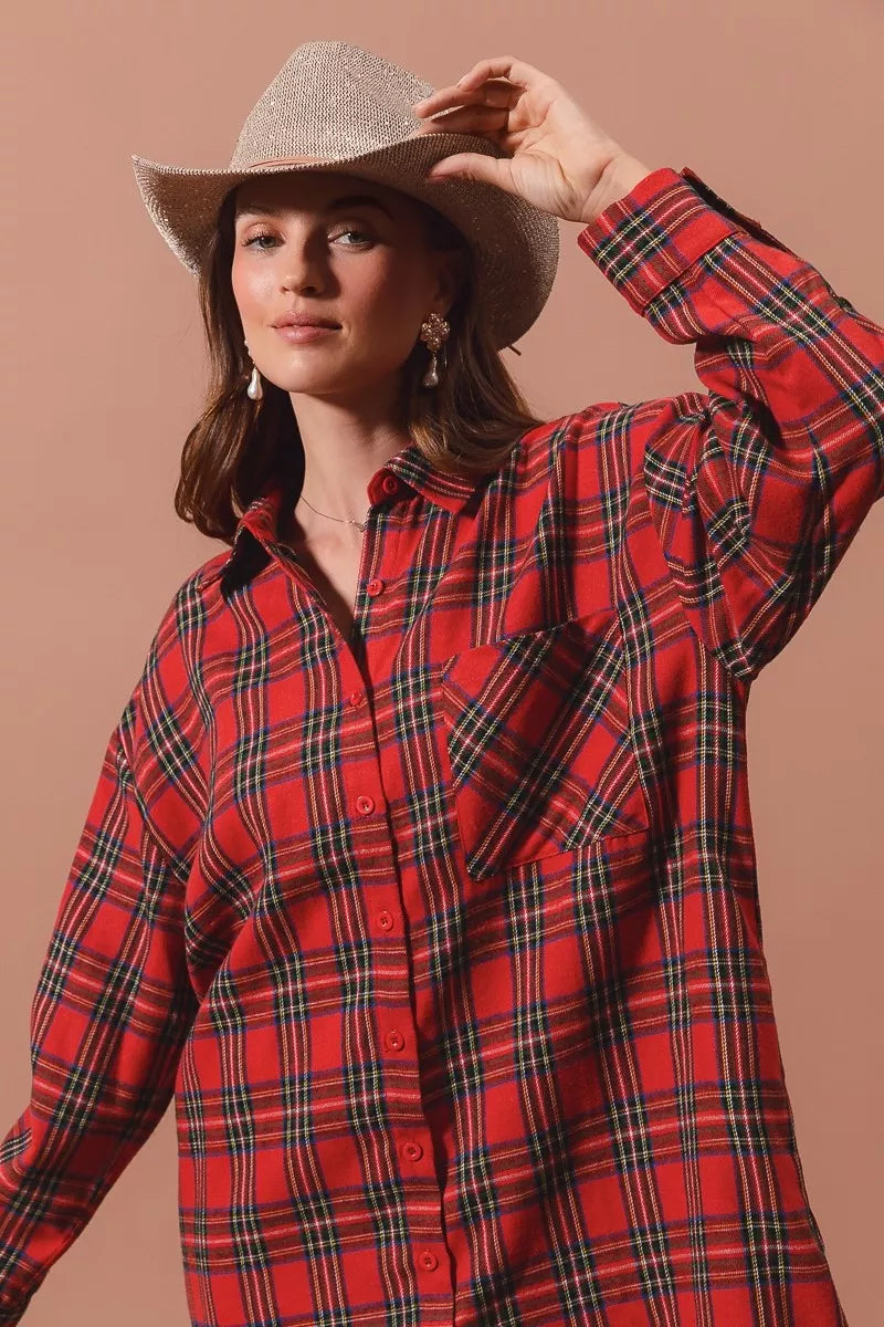 SO ME Christmas Checker Plaid Button Up Shirt Dress