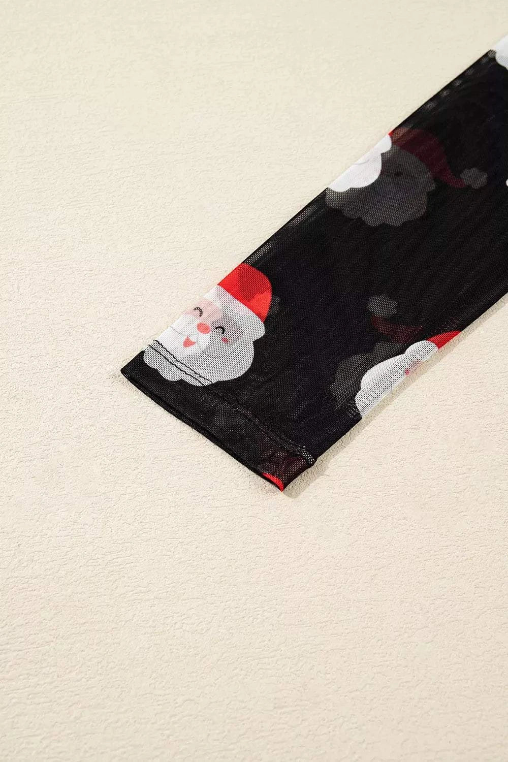Christmas Santa Print Mesh Long Sleeve Top