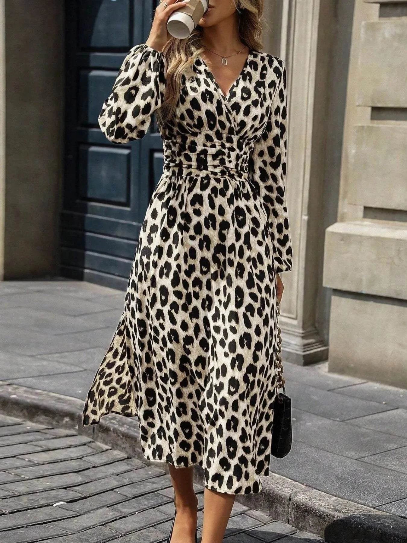 Leopard Print Long Sleeve Wrap Midi Dress
