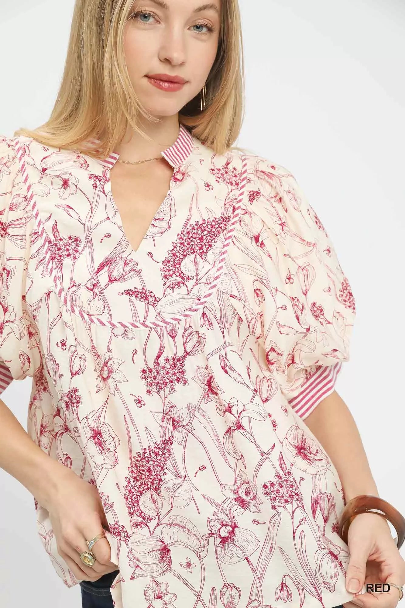 Umgee Mixed Print Puff Sleeve Split Neck Top