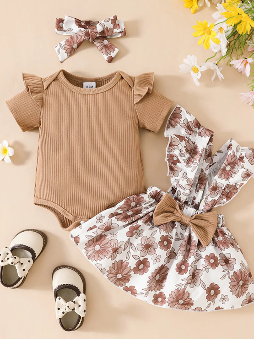 Children's Floral Print Ruffle Trim Baby Set with Headband