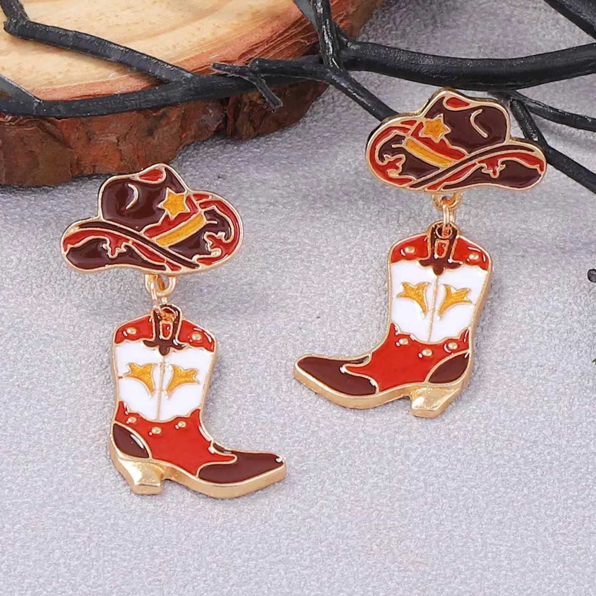 18K Gold-Plated Cowboy Hat Boots Dangle Earrings