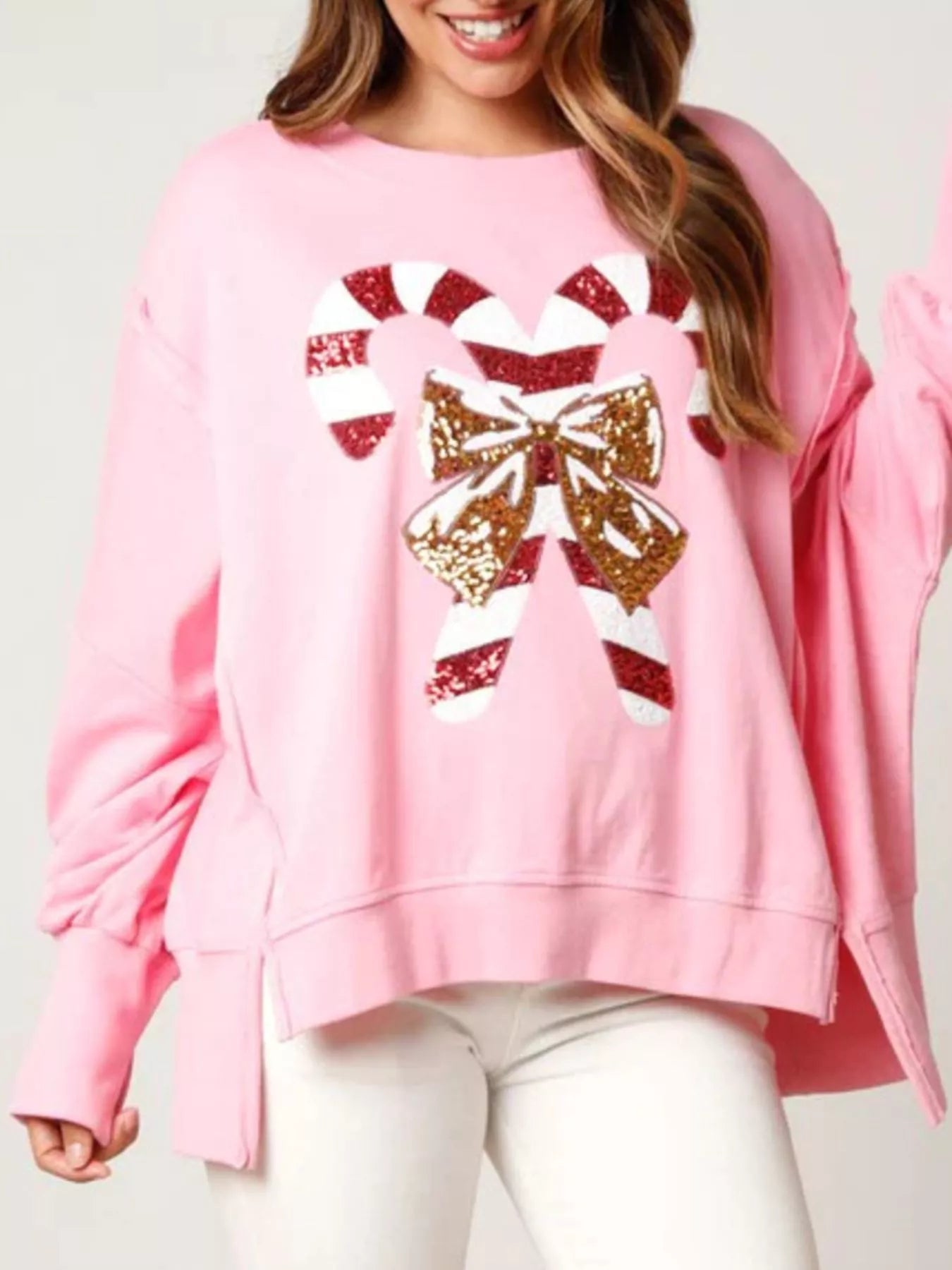 Christmas Candy Cane Bow Dropped Shoulder Sweatshirt