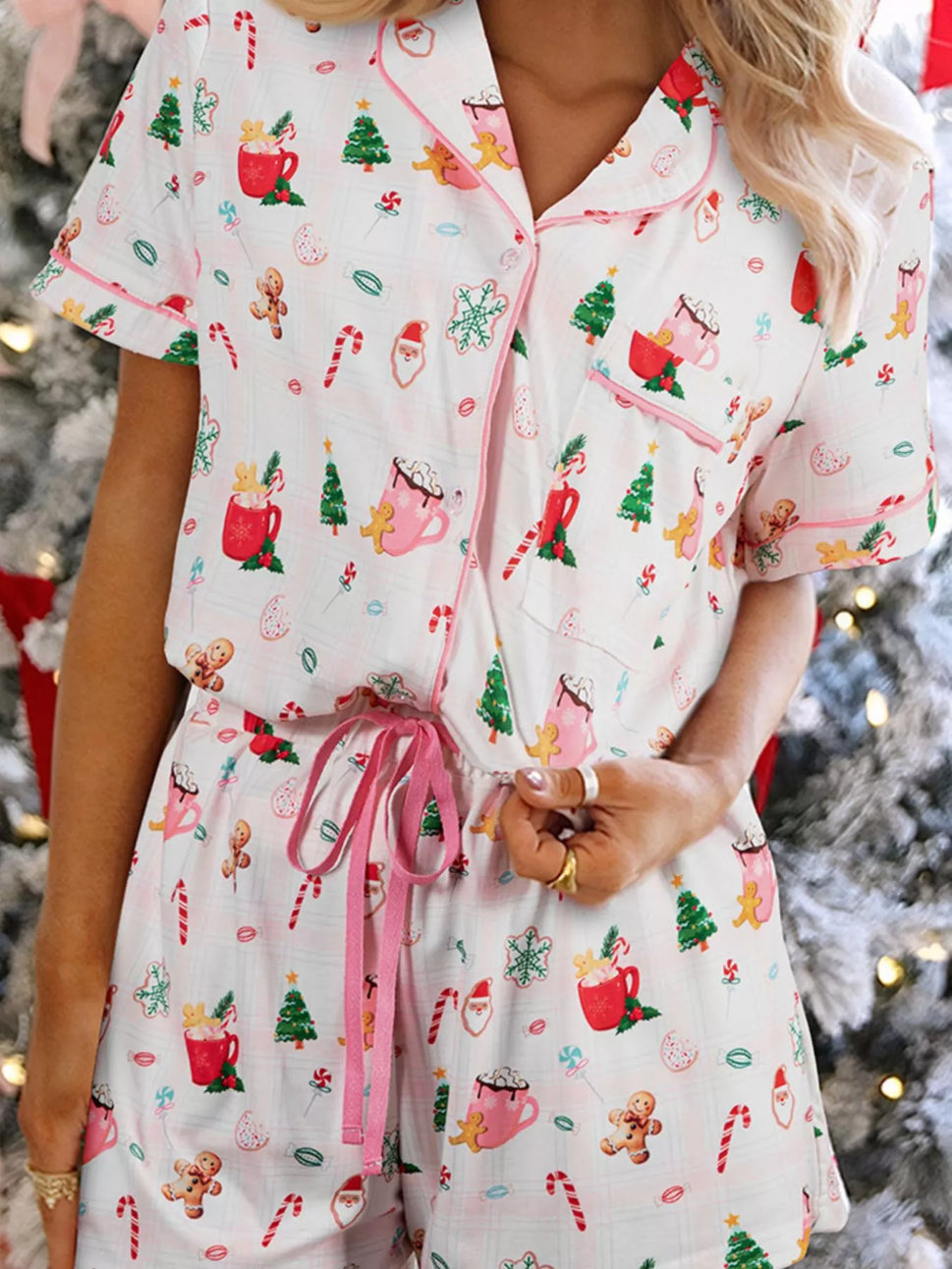 Christmas Print Button Up Top and Shorts Lounge Set