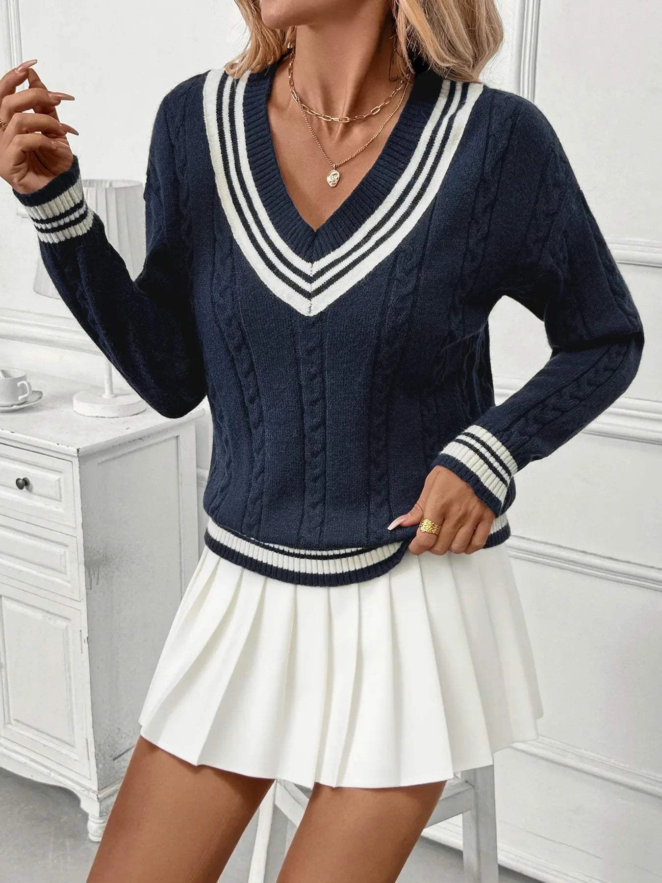 Contrast Striped V-Neck Sweater