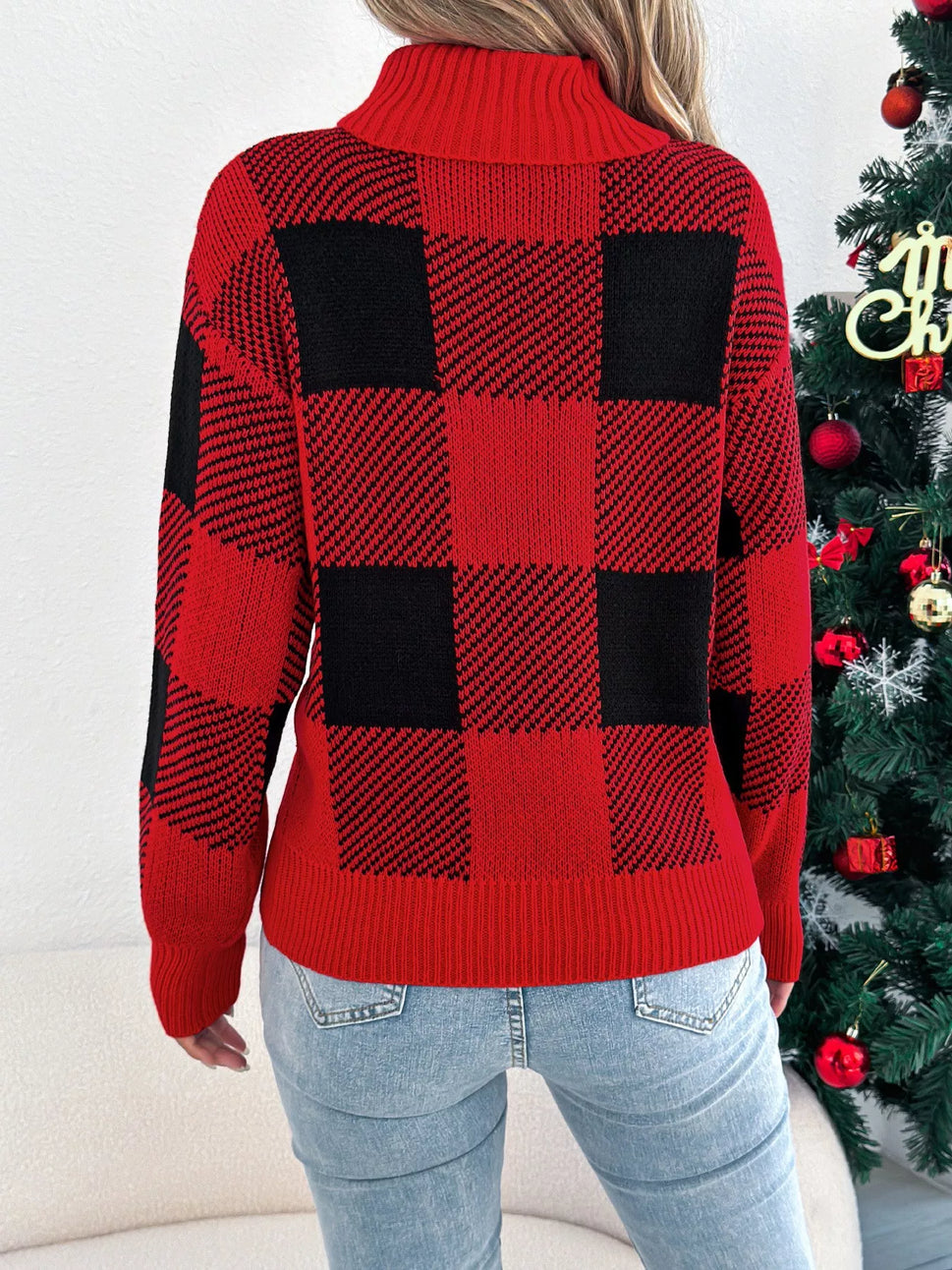 Christmas Plaid Long Sleeve Turtleneck Sweater