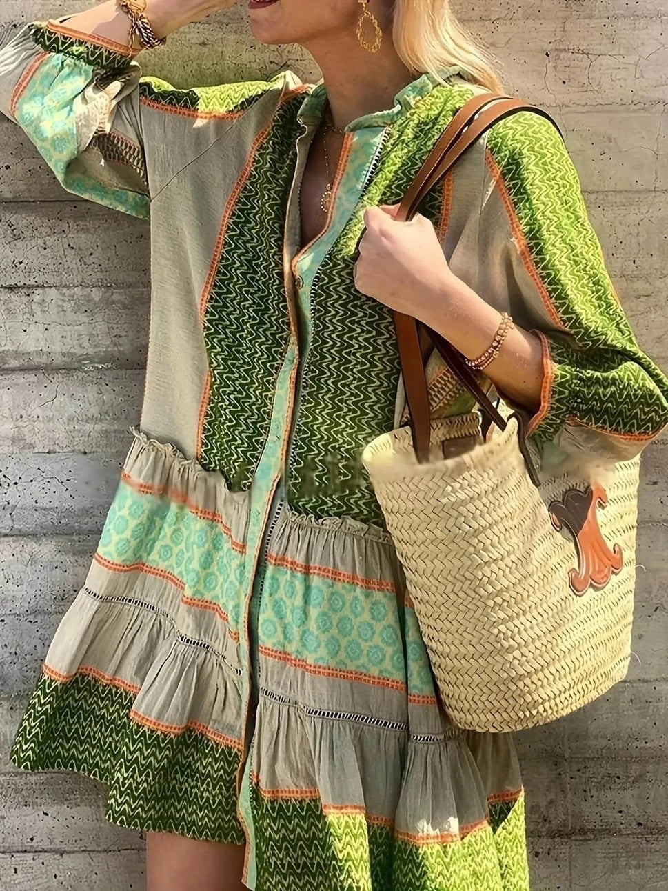 Printed Button Front Long Sleeve Dress