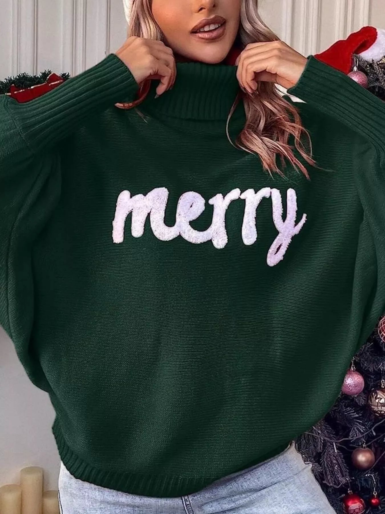 Merry Turtleneck Long Sleeve Christmas Sweater