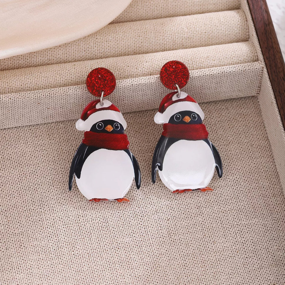 Christmas Penguin Santa Hat Holiday Earrings