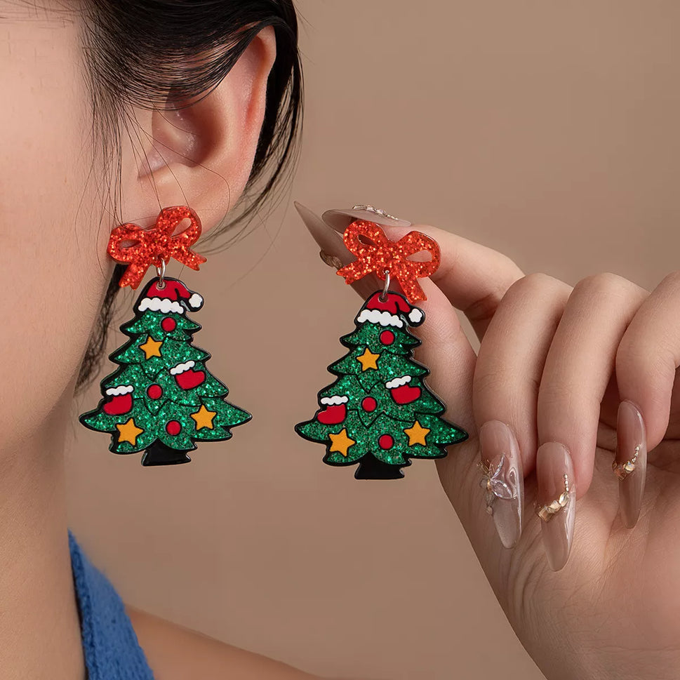 Christmas Tree Bow Dangle Earrings