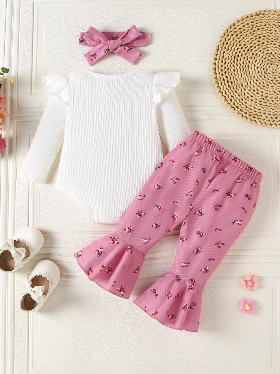 Children's Ruffled Bodysuit and Floral Pants Outfit Set with Headband
