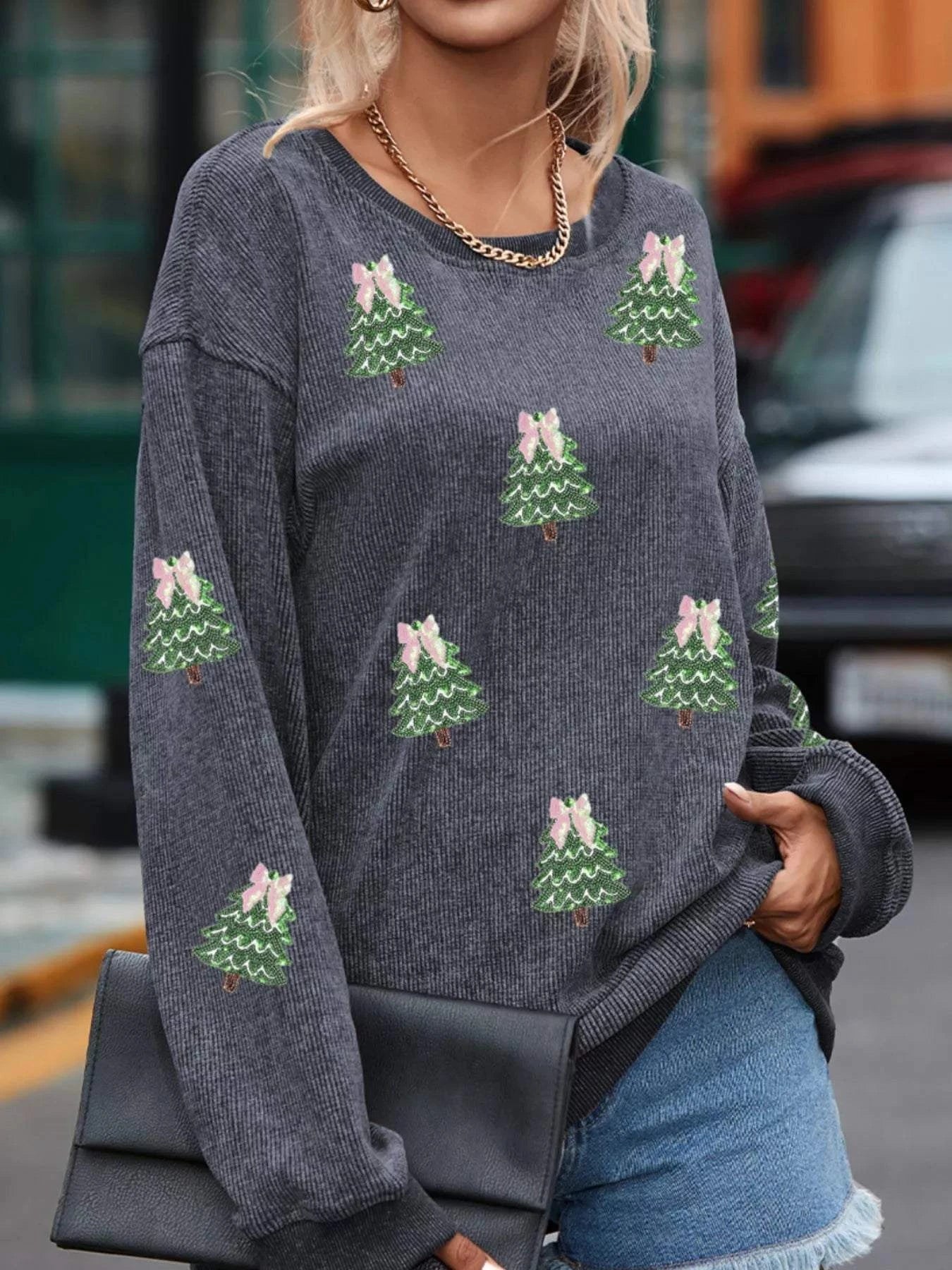 Ribbed Round Neck Sequin Christmas Tree Patched Baggy Sweatshirt