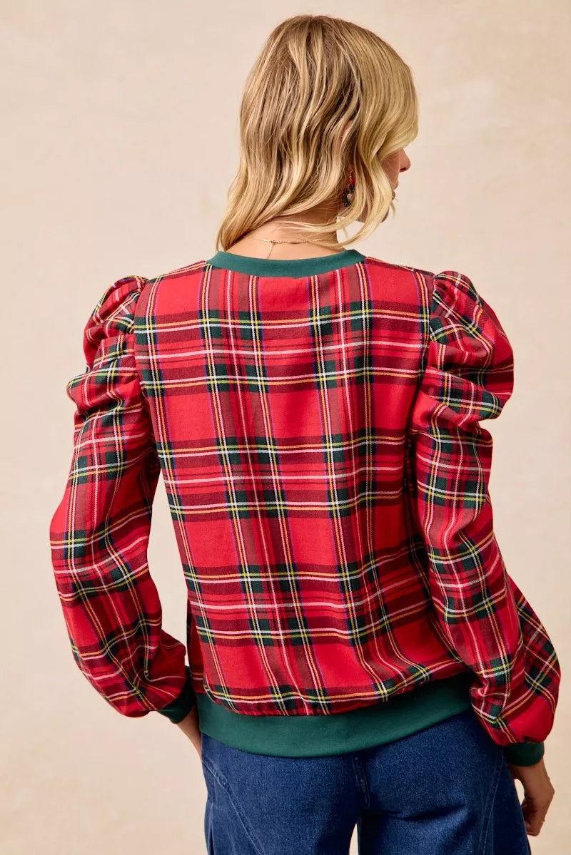 BiBi Christmas Plaid Exaggerated Shoulder Sleeves Top