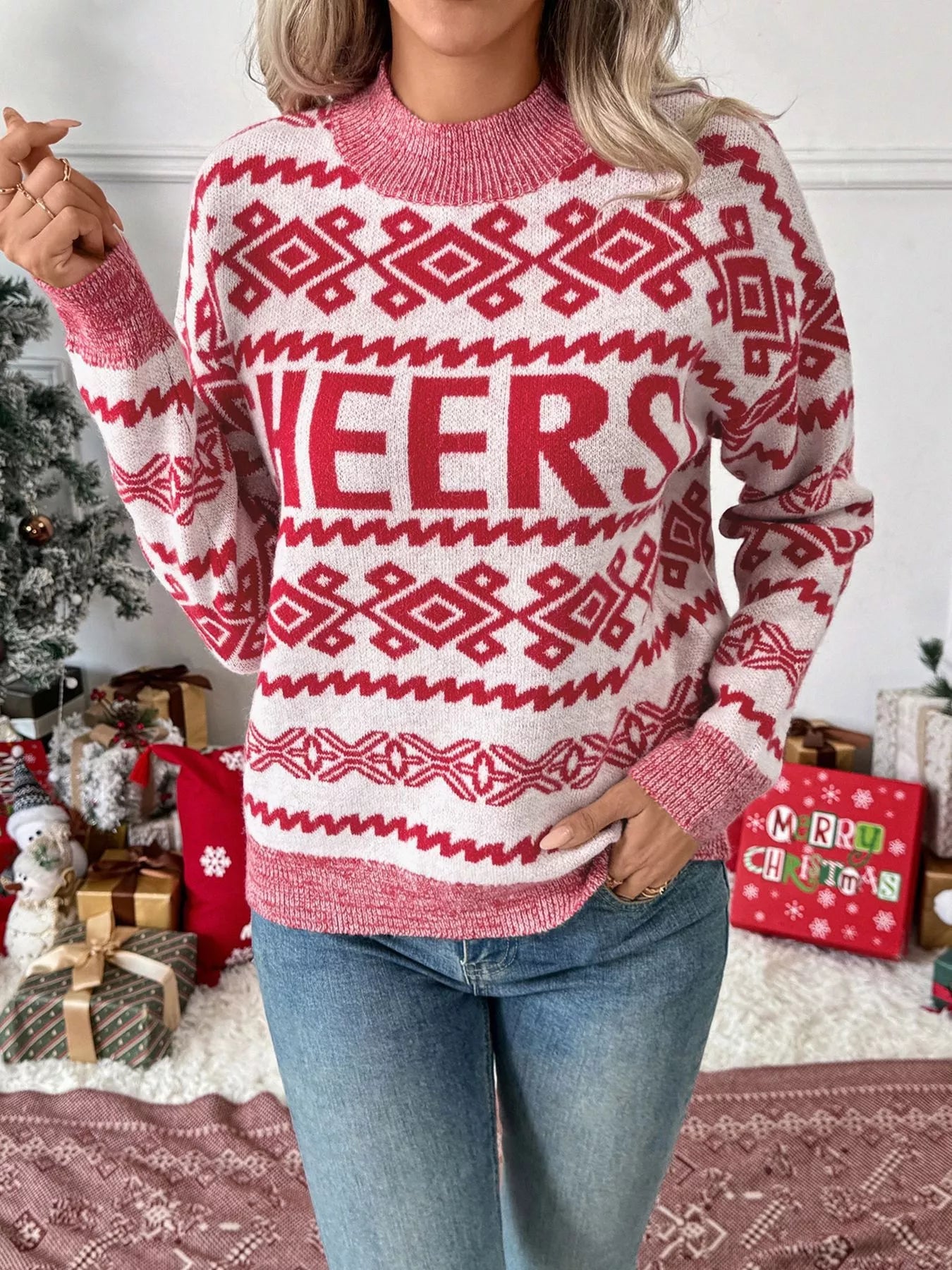 CHEERS Round Neck Long Sleeve Christmas Sweater